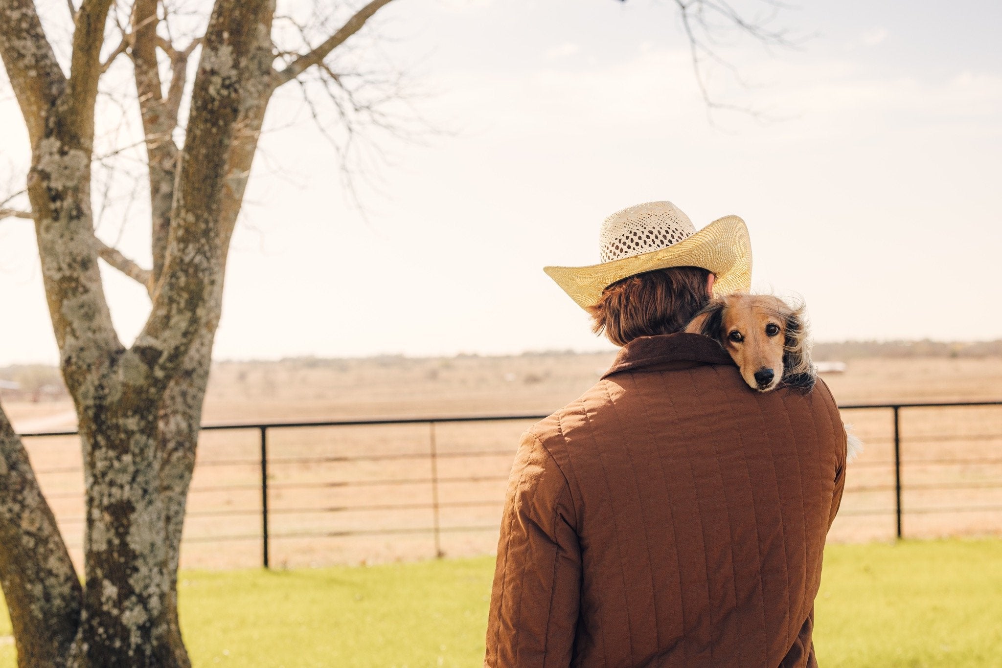 Man in a cowboy hat holding a dog on his shoulders, standing in a park-like setting with trees and a fence. Happy healthy dog on Barney and Boots diet