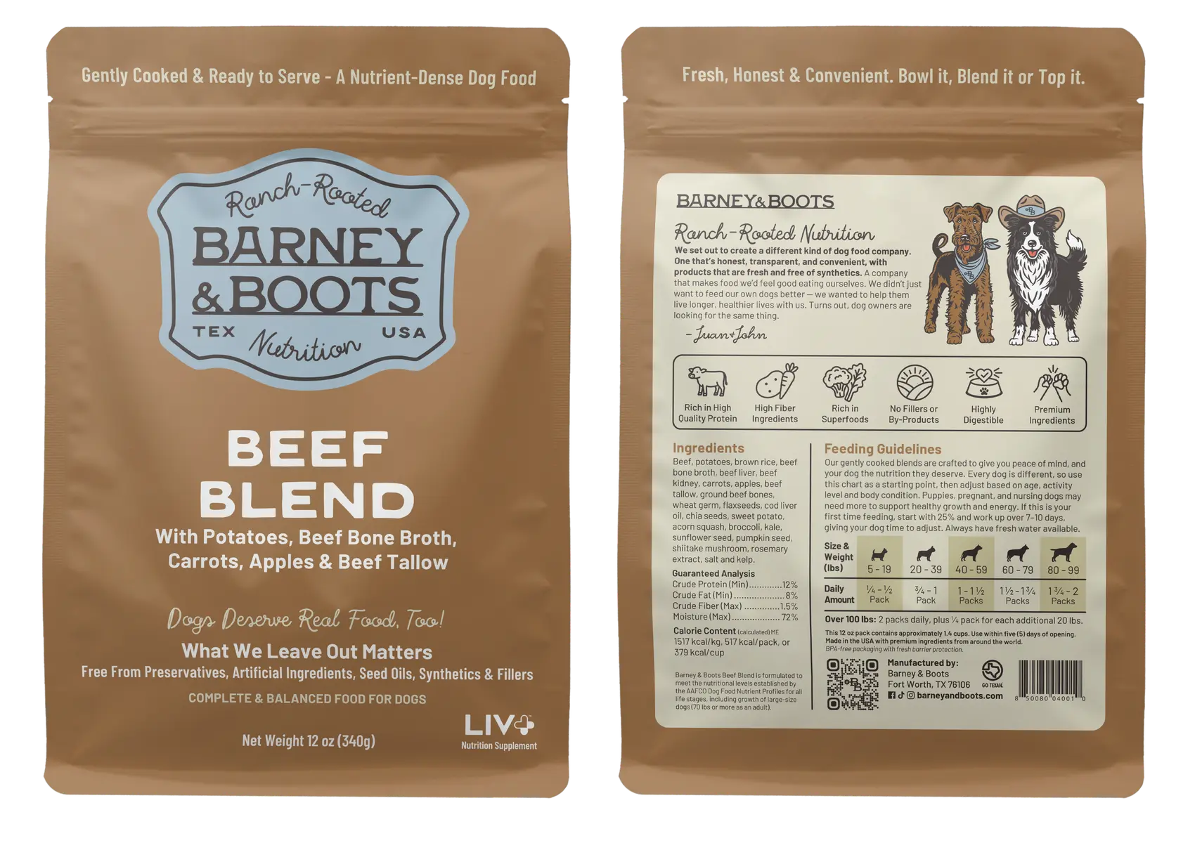 Barney and Boots Beef Blend dog food pouch front and back showing ingredients and nutrition
