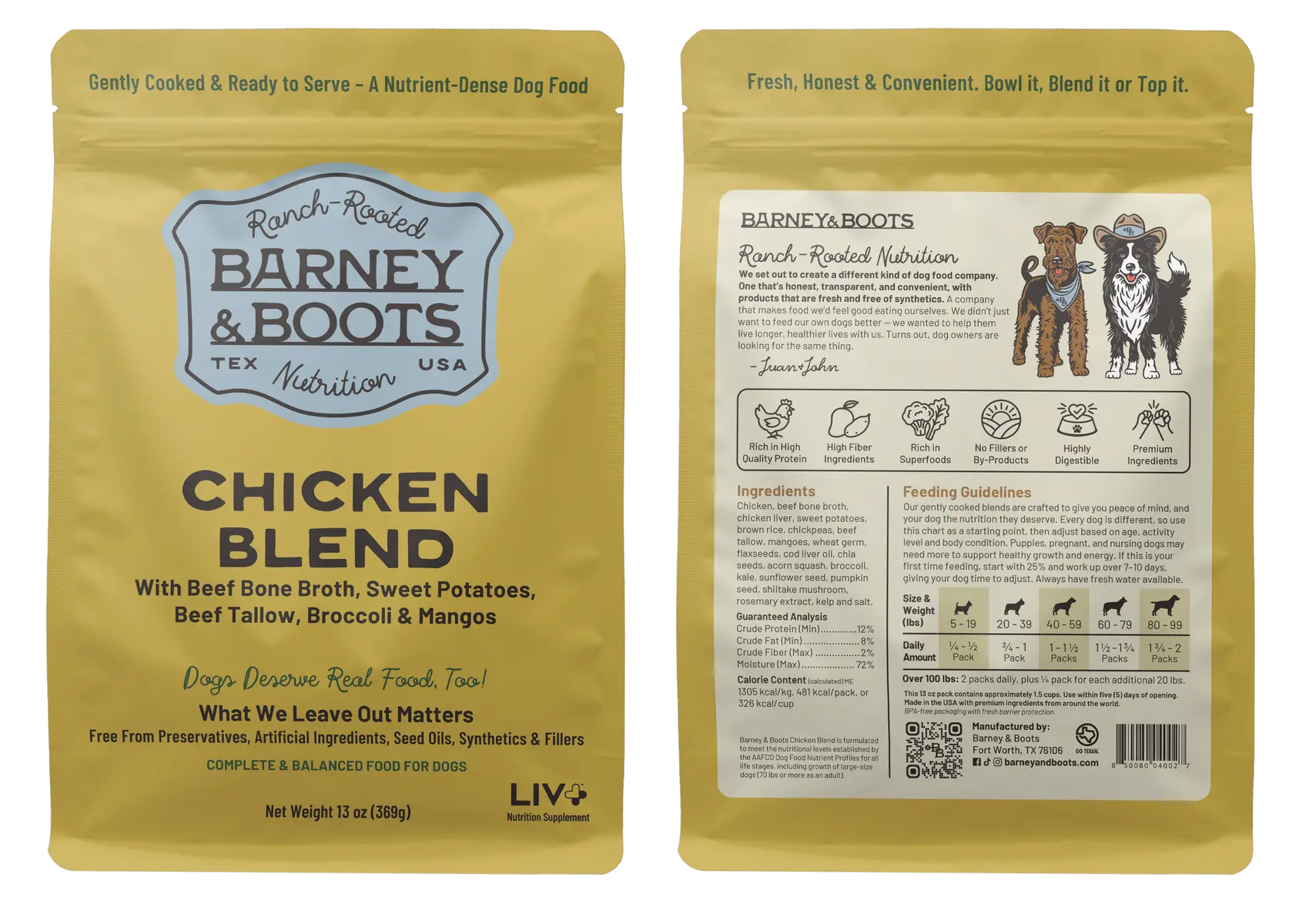 Barney and Boots Chicken Blend dog food pouch front and back showing ingredients and nutrition