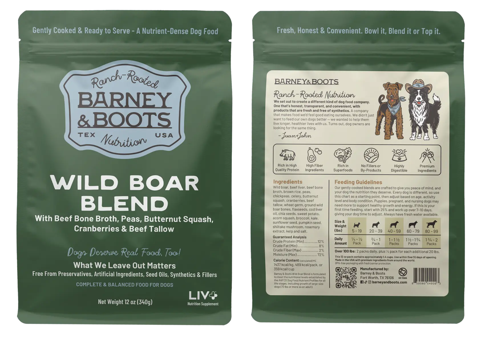 Barney and Boots Wild Boar Blend dog food pouch front and back showing ingredients and nutrition