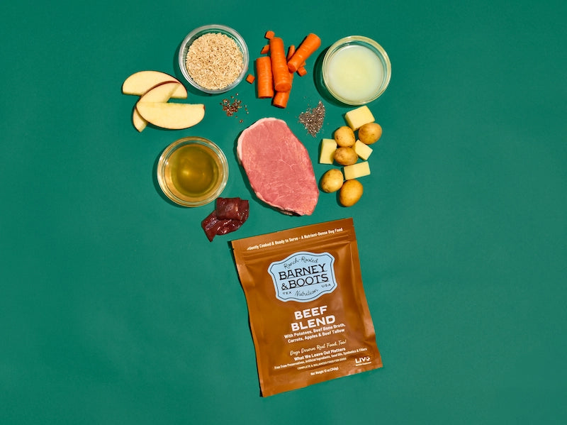 Barney and Boots Beef Blend ingredients displayed with product packaging